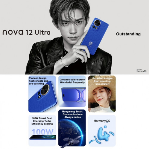 Huawei nova 12 Ultra, 12 Go + 1 To, identification par empreinte digitale à l'écran, HarmonyOS 4.0 Octa Core de 6,76 pouces, réseau : 4G, NFC, OTG, ne prend pas en charge Google Play (bleu) SH602C771-010